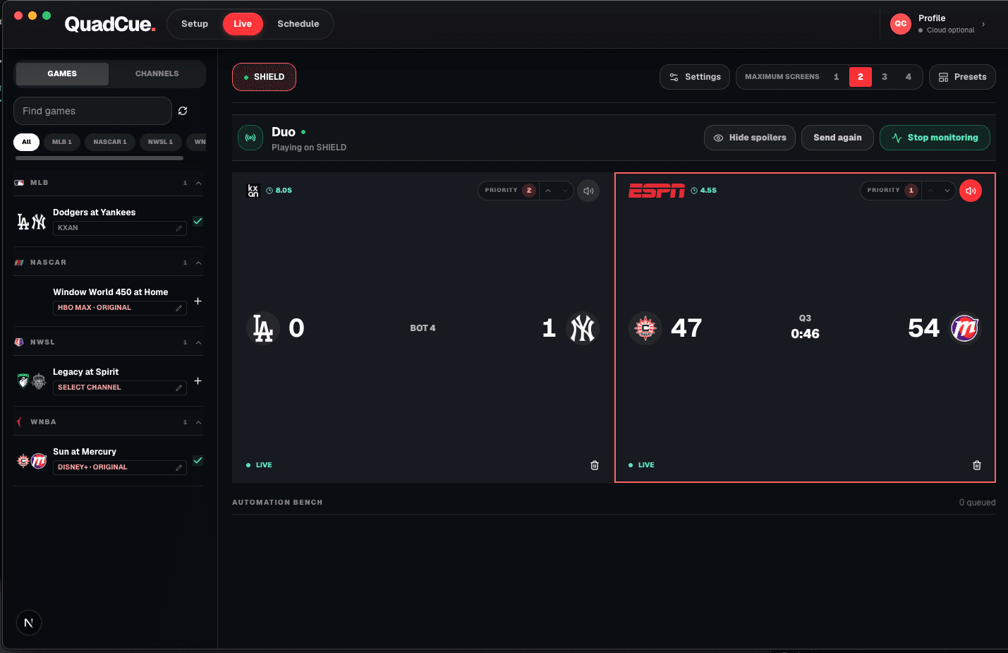 QuadCue Live workspace monitoring multiple games on YouTube TV