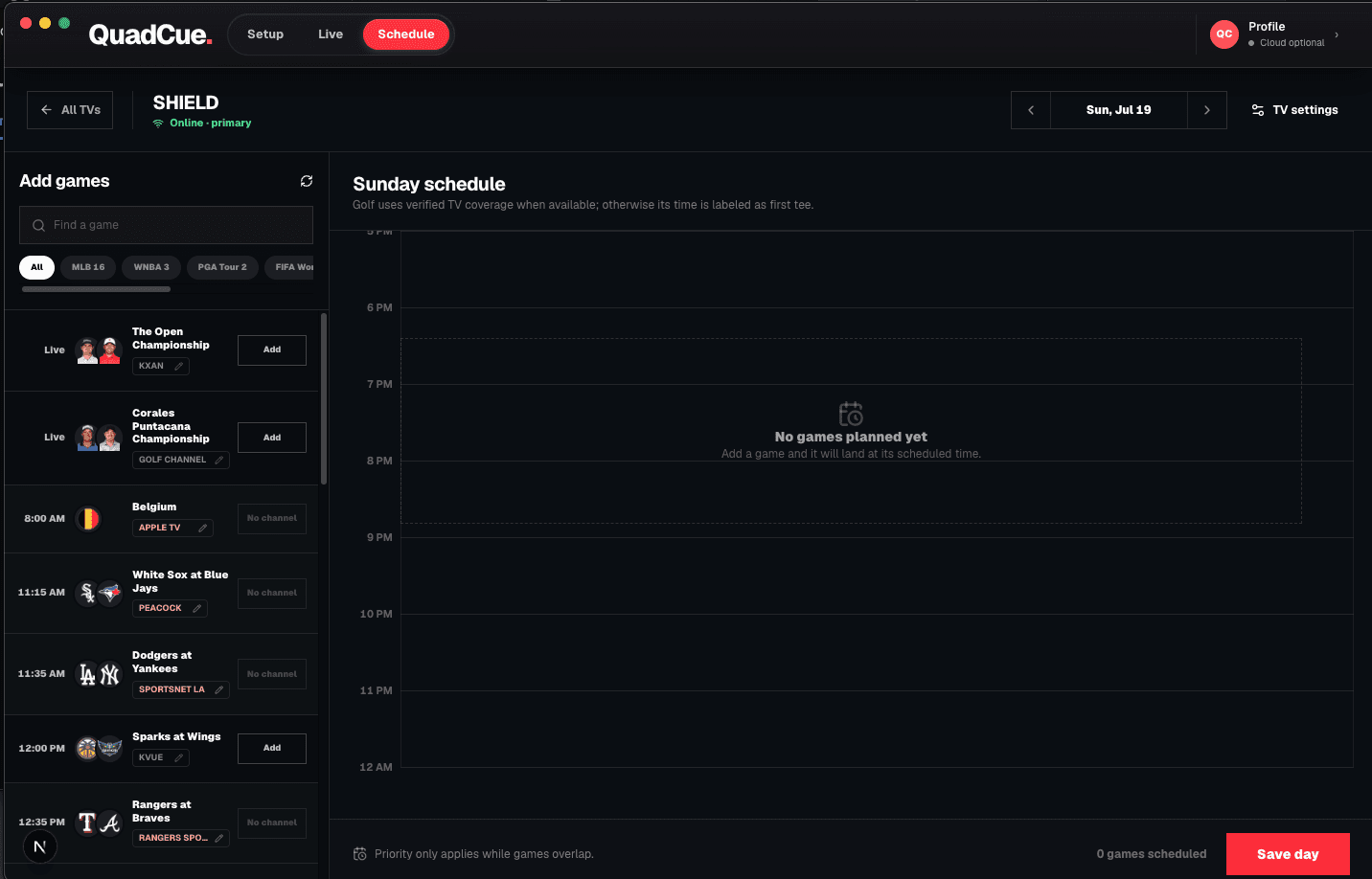QuadCue Schedule workspace for planning a full day of games